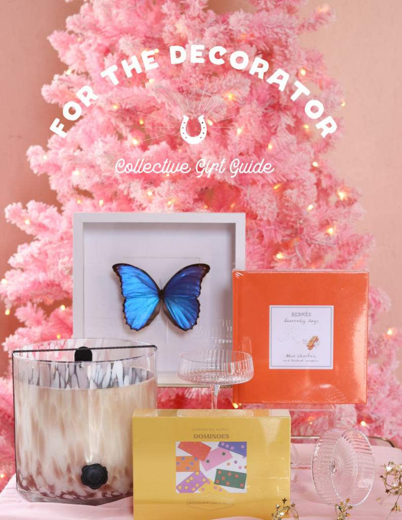 From 6th Collective Gift Guide for the decorator featuring home decor: pinned framed entomology butterfly moth, hermes heavenly days book, rio de janeiro extra large candle,  library of games domino game and fluted ribbed champagne flute coupe glass