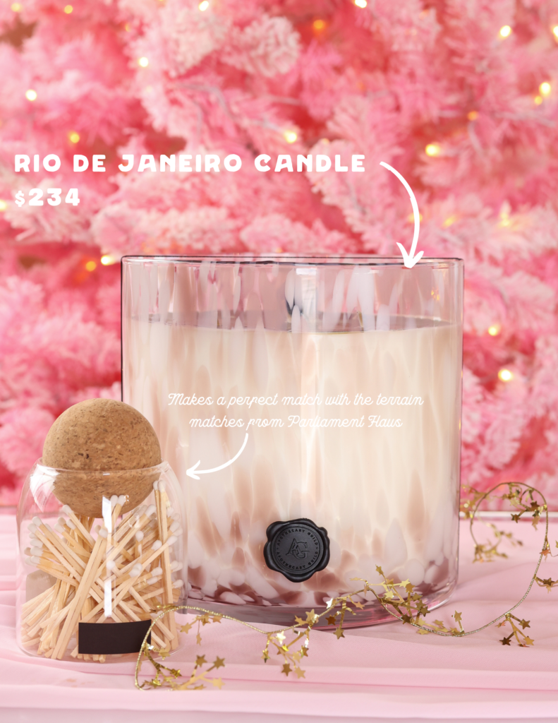 extra large apothecary guild rio de janeiro candle makes a perfect match with the terrain matches from parliament haus. notes of sugared bergamot, sweet mandarin, orange blossom, maui mango, juicy papaya, hawaiin palm decorator gift