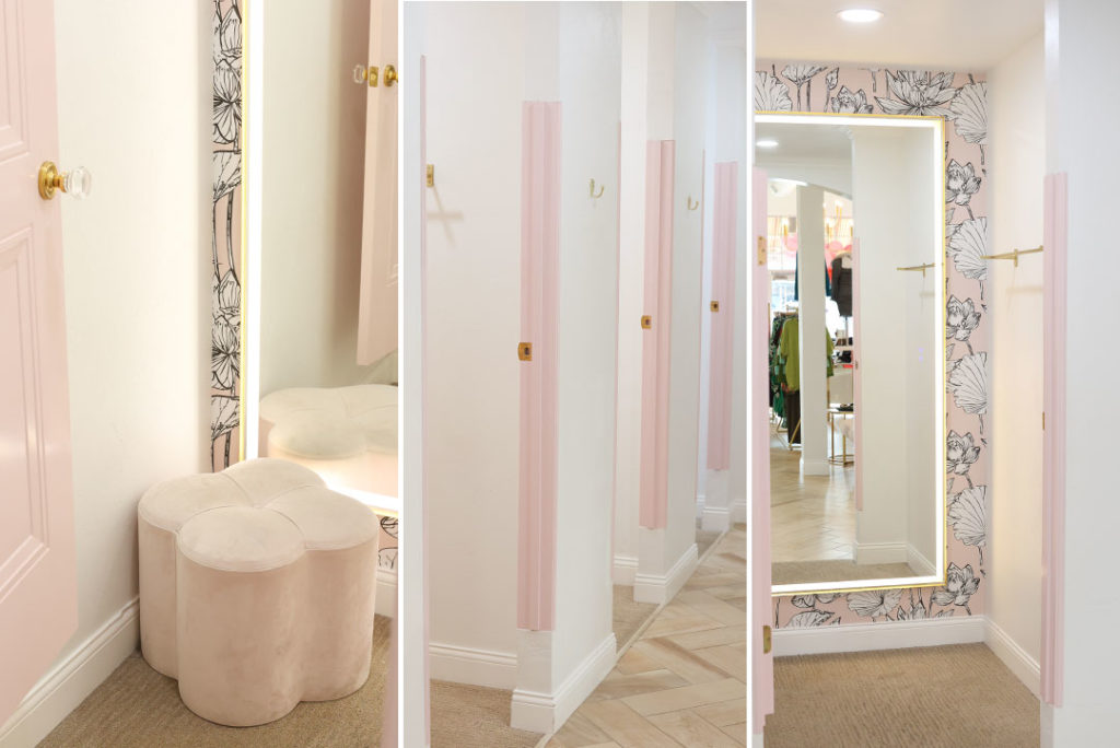 beautiful and spacious private dressing rooms with custom lighting to see garments day to night fashion pink wallpaper