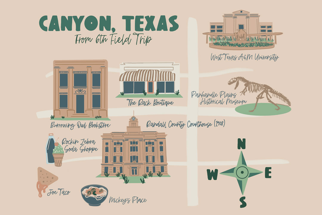Map illustration places to visit and things to do in canyon