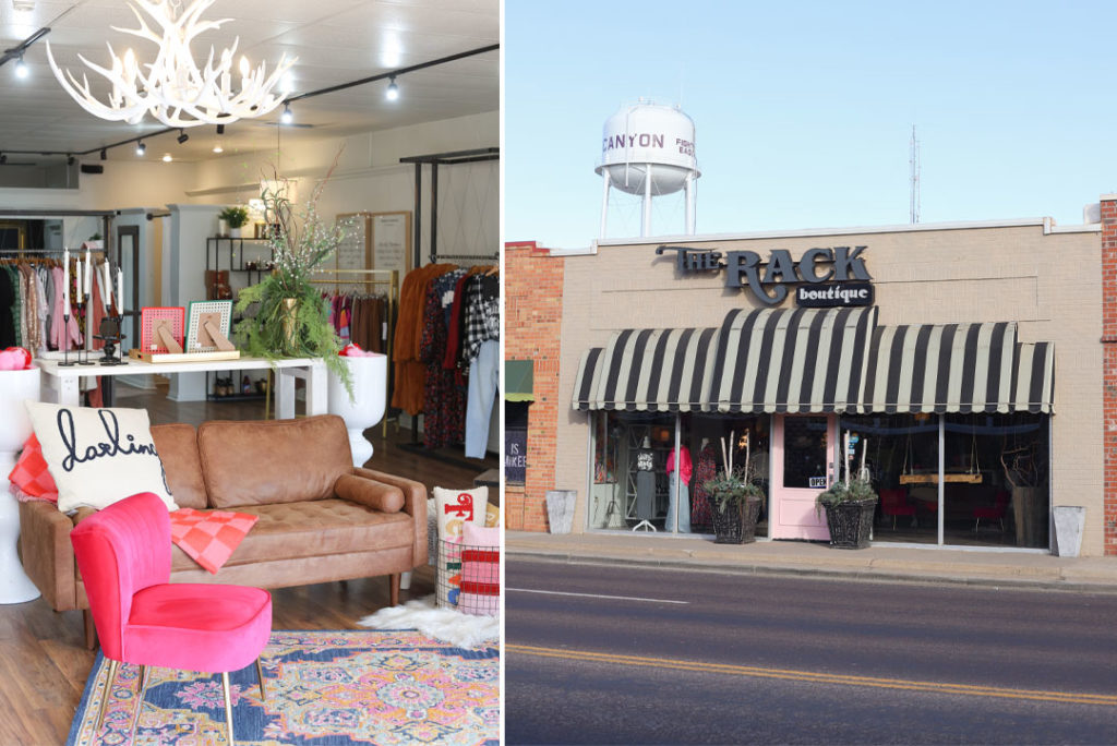 The Rack storefront, showing the  WTAMU water tower and a shop full of home decor and furniture, clothing apparel and accessories.