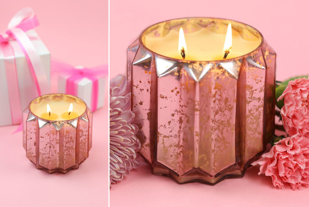 Sweet Grace Candle company from Purpose and Passion Amarillo. Home Fragrance in rose gold mercury glass vessel for galentines day gift guide