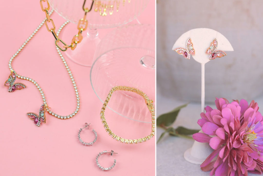 Galentine's Jewelry products in stock new arrivals at From 6th Collective. Hoop earrings, Jeweled butterfly earrings, gold paperclip necklace, gold tennis bracelet for valentines day