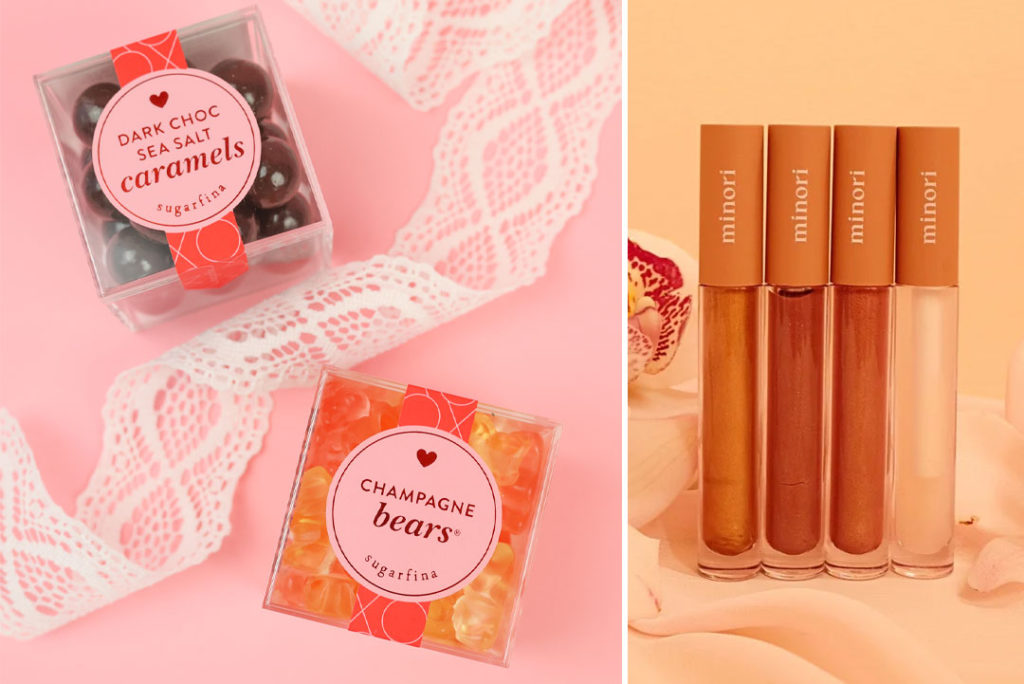 Sugarfina valentine's day product candies. Champagne gummy bears, dark chocolate and sea salt carmels laid out with lace on a pink background. Minori lip gloss in four shades. From 6th Collective Amarillo Texas Galentine's Day Product Spotlight