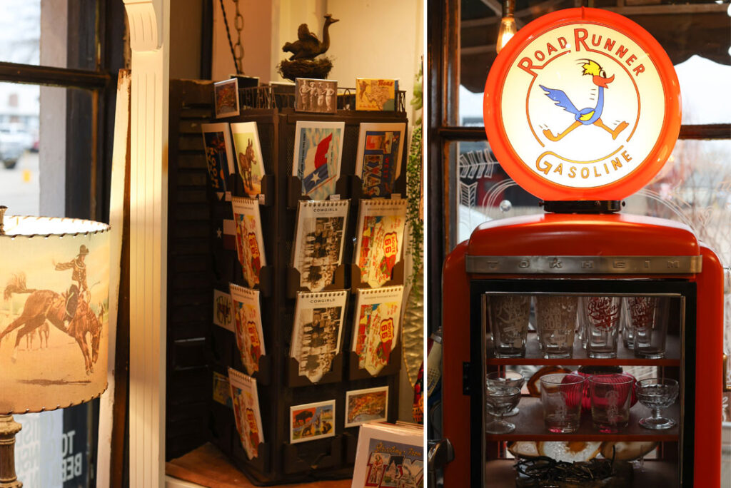 Western home decor, western gift shop, texas and south west postcards, greeting cards, magnets at roseberry original location. Vintage Road Runner Gasoline display with barware and regional texas barware at The Roseberry on 6th Street shopping area in Amarillo, Texas.