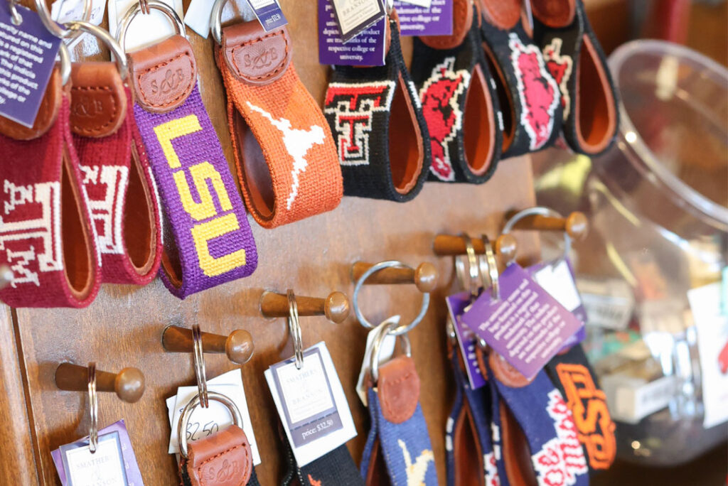 collegiate accessories, cross-stitch keychain for sale at top notch outfitters