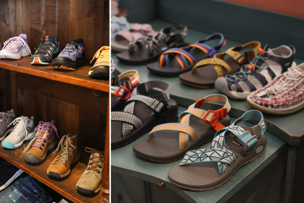Chacos and hiking sandals, hiking boots for sale at Top Notch Outfitters in Wolflin Village in Amarillo, Texas.