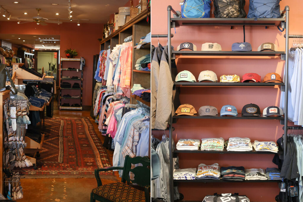 Hats and clothing displayed throughout the store in wolflin village in amarillo texas.