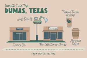 illustrated map of dumas with flowers etc, just dig it, the collective of dumas, toppled turtle brewery, and herencia coffee