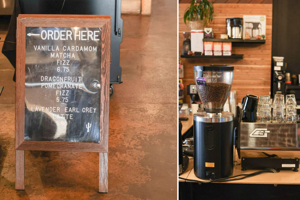 order and menu sign for herencia coffee on main street. letterboard says vanilla cardamom matcha fizz drink, dragonfruit pomegranate fizz, and lavender earl gray latte. pictured right is coffee grinder and espresso cups and coffee mugs.