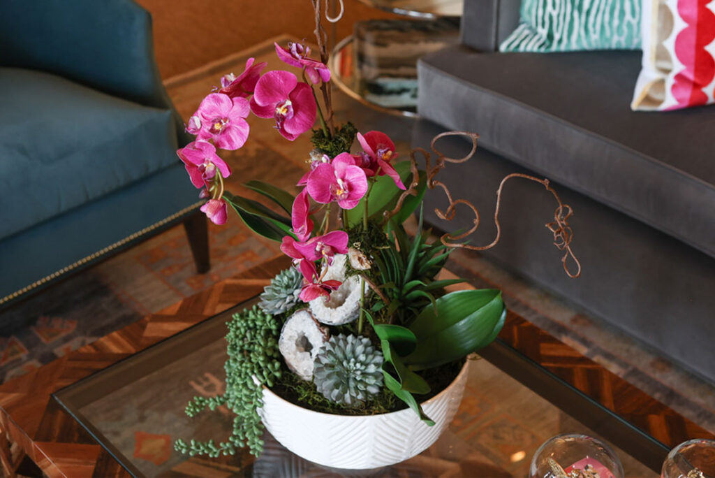 anne beddingfield orchid, succulent, and geode arrangements floral design in wolflin village in amarillo texas