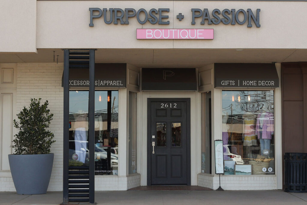 exterior view of purpose and passion boutique in wolflin village in amarillo texas