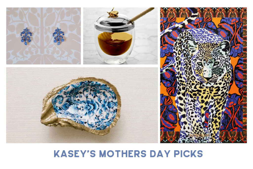 collective mom gift guide picks at from 6th collective. we dream in colour petite chinoiserie earrings, glass honey jar with drizzler, oyster jewelry dish, arabian leopard book from reserve amarillo