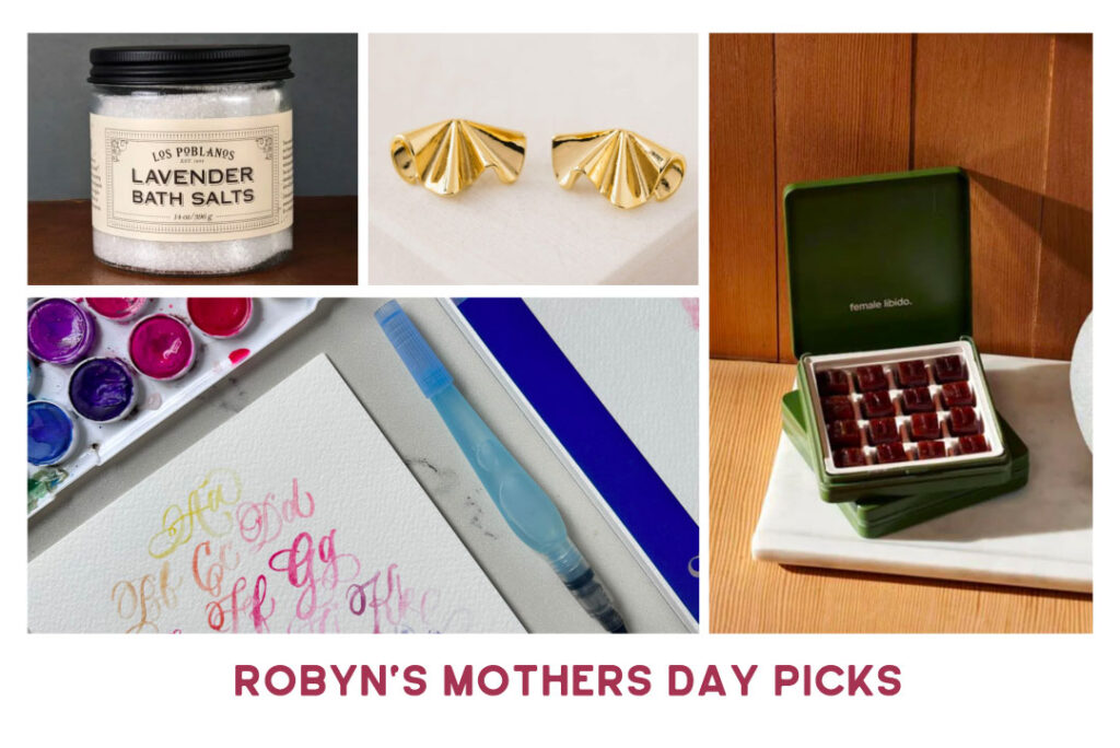 mothers day gift guide from 6th collective mom. pictured los poblanos lavender bath salts, contour gold studs, mariana calligraphy watercolor brush workshop, maude libido gummies