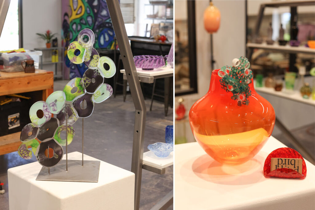 Sculptures and vases handmade by Blind Bird Design glass blowing studio.