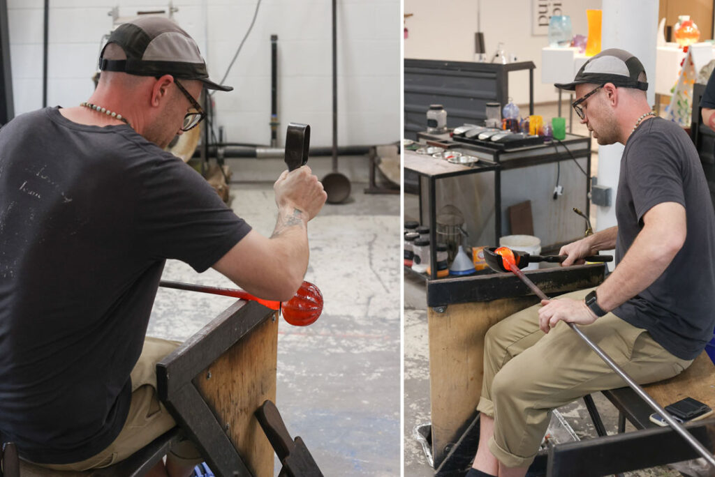 Clayton Spaulding of Blind Bird Designs sculpting a glass pumpkin in their glass studio.